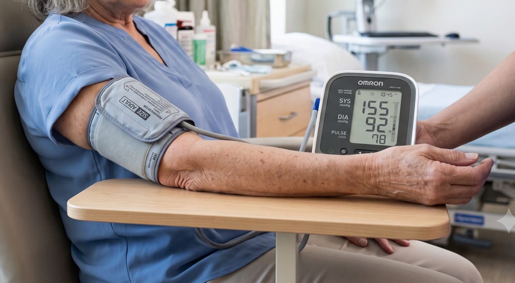 A patient having her blood pressure measured with a digital monitor
