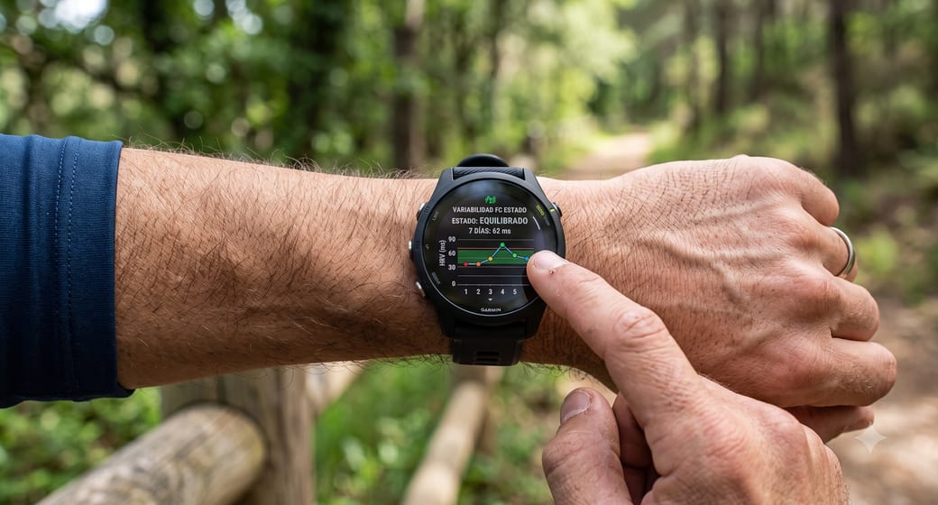 A smartwatch on the wrist showing heart rate variability status during a walk